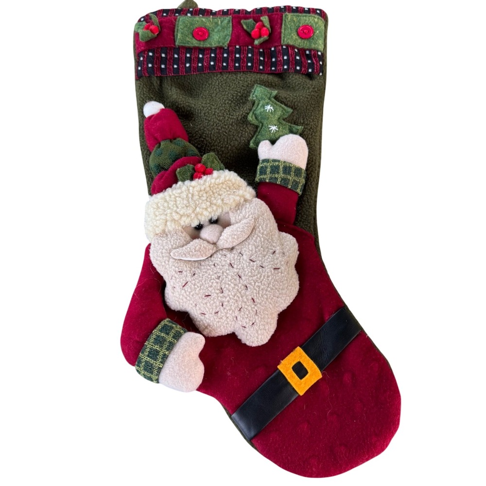 Santarts Co Green Red Santa Claus 3D Applique Christmas Stocking 18in Vintage